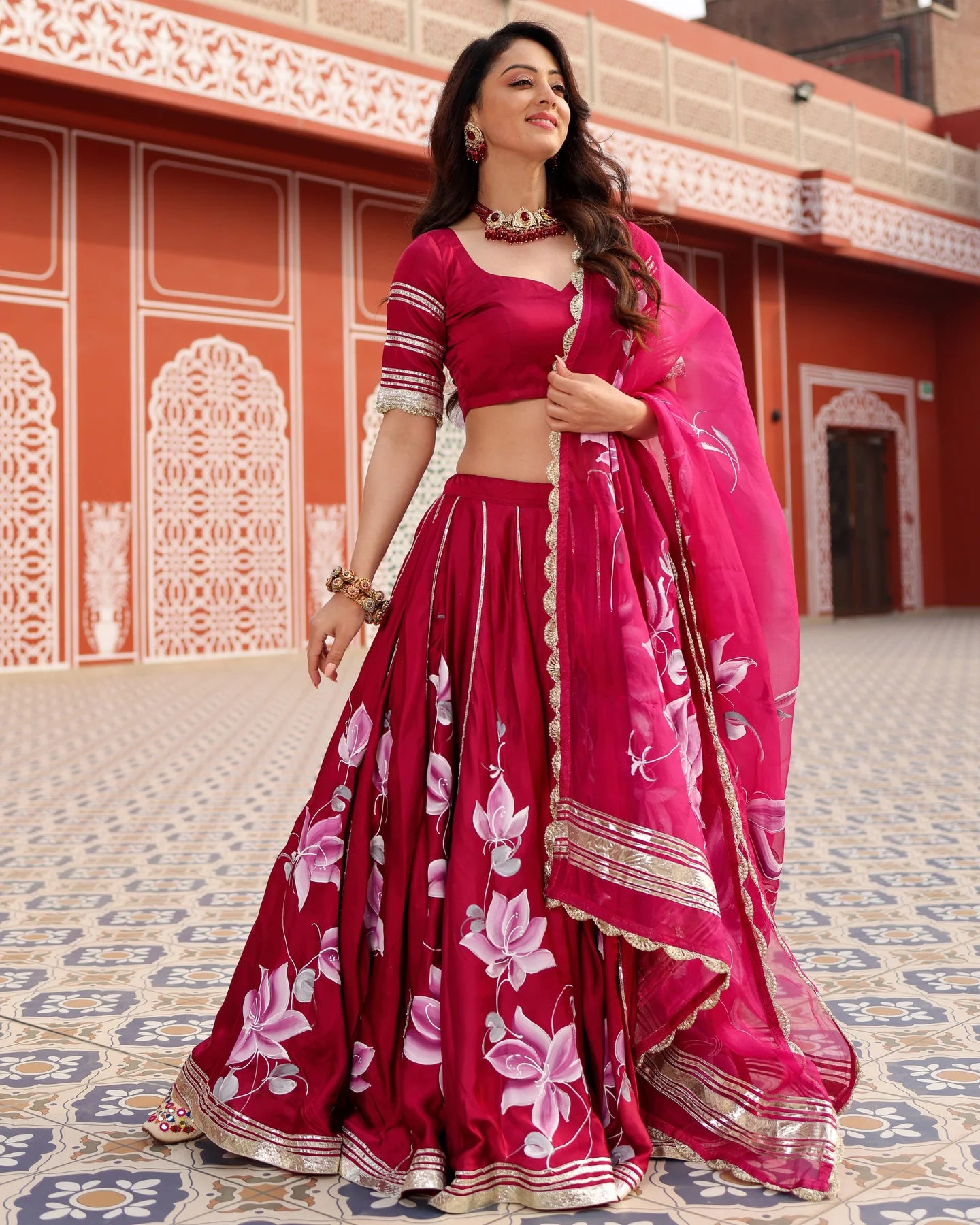 Womens Magenta Pink Handpainted Lehenga Set Stylish Festive and Wedding Outfit