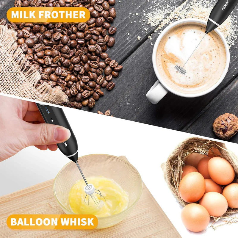 Handheld Milk Frother and Beater Rechargeable Three Speeds Two Attachments Perfect for Coffee Latte Hot Chocolate and Egg Beating