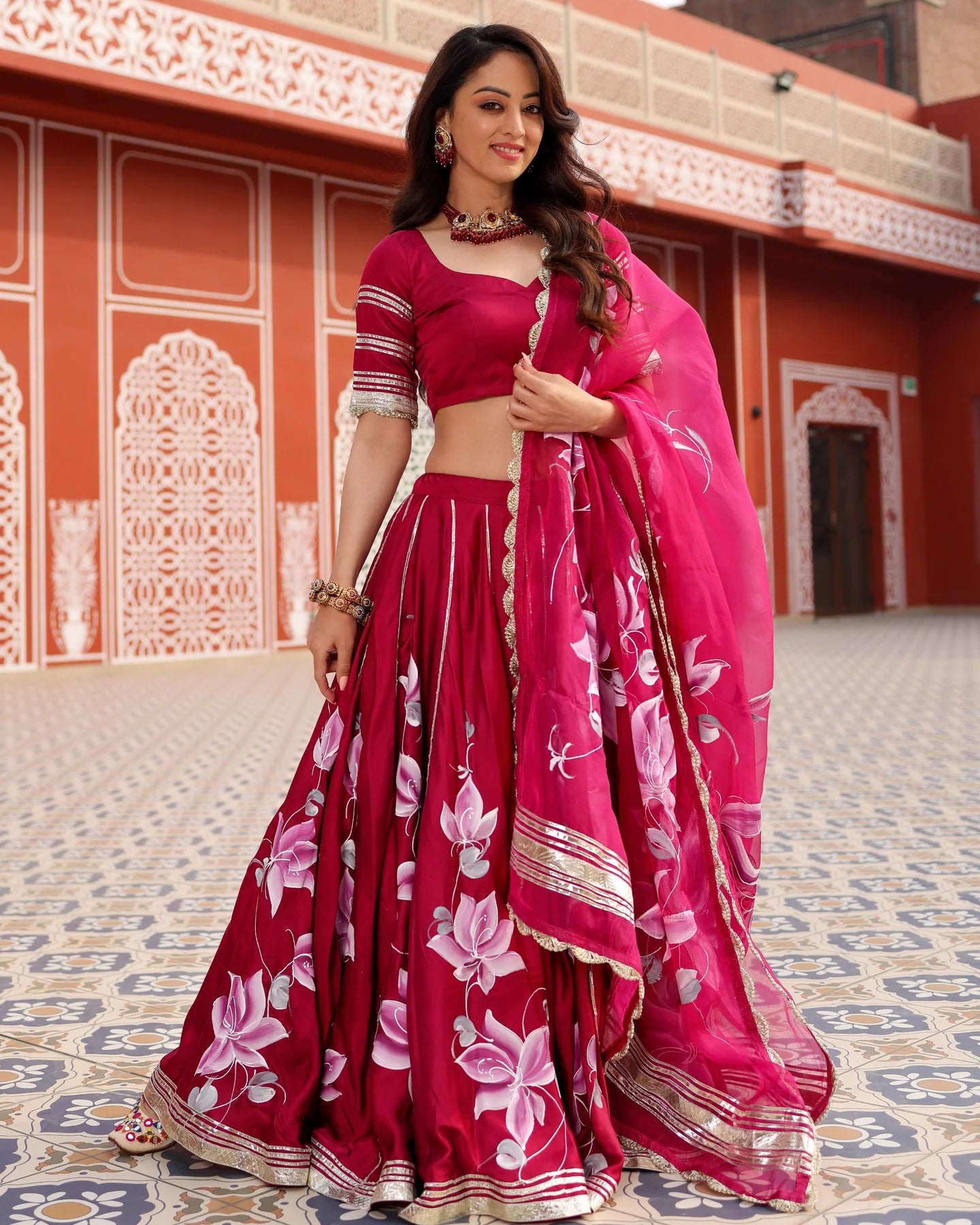 Womens Magenta Pink Handpainted Lehenga Set Stylish Festive and Wedding Outfit