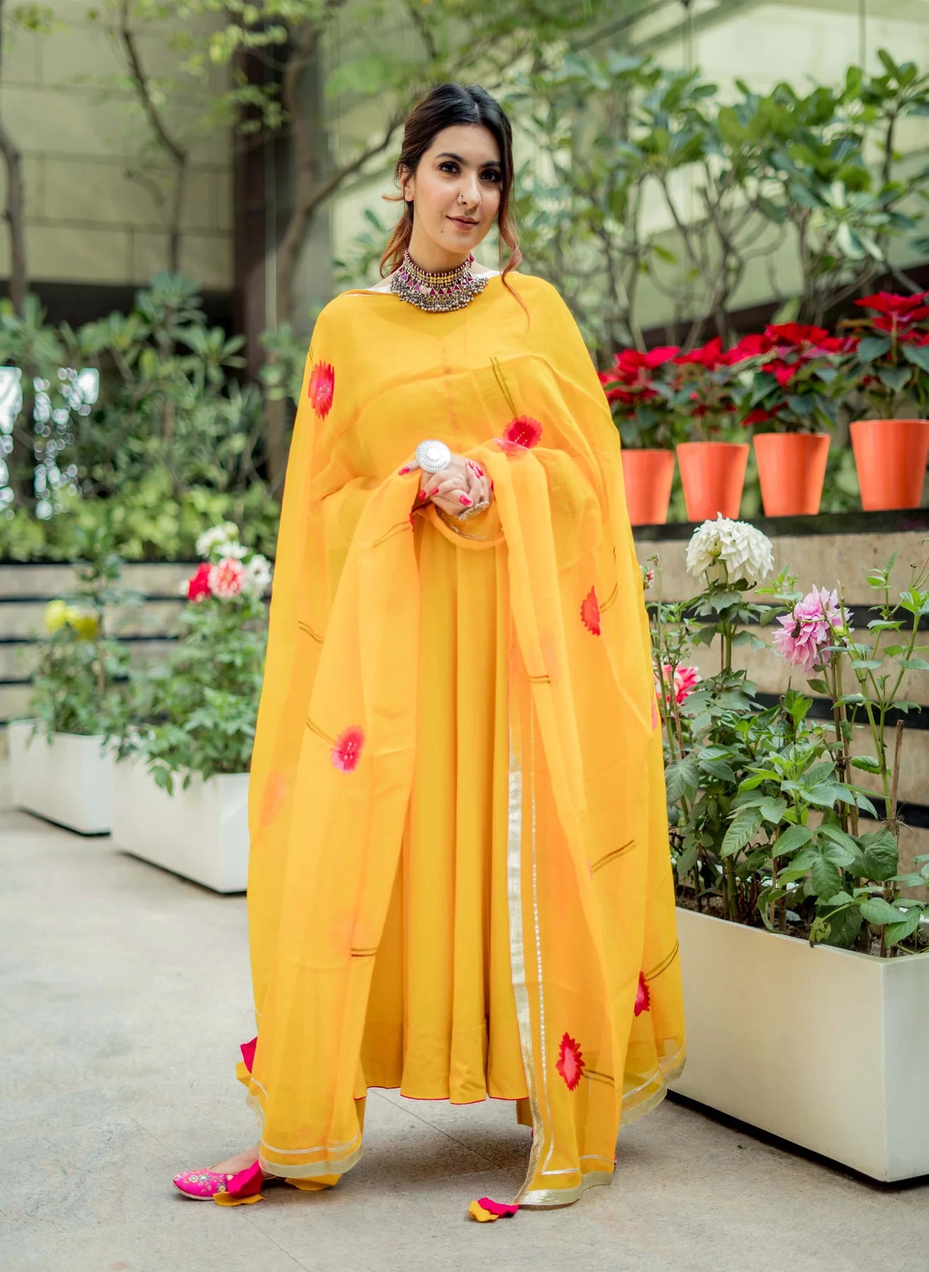 Premium Yellow Organza Suit Set with Delicate Handpainted Artwork for Special Occasions
