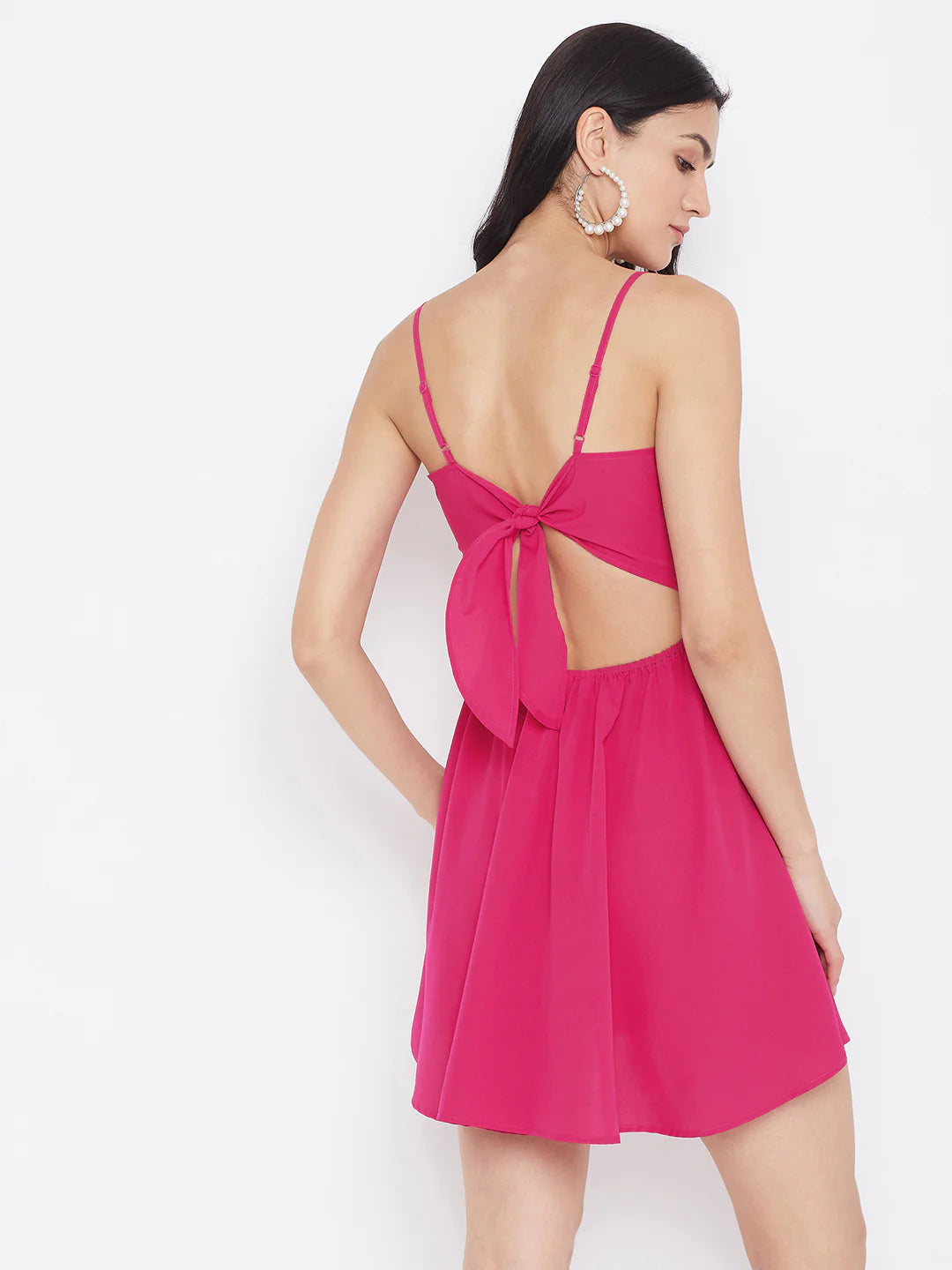 Dark Pink Front Twist Knot Fit & Flare Mini Dress For Women