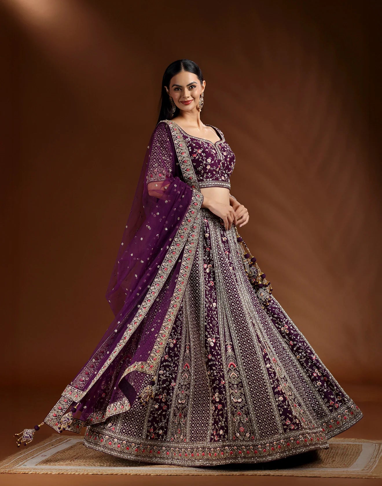 Amethyst Veil Bridal Lehenga with Intricate Embroidery and Luxurious Detailing for Weddings