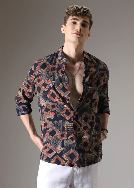 Long Sleeve Argyle Diamond Shirt with Vibrant Red Feather Pattern