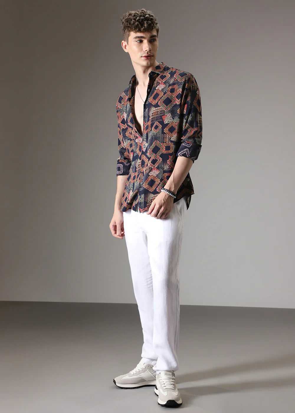 Long Sleeve Argyle Diamond Shirt with Vibrant Red Feather Pattern