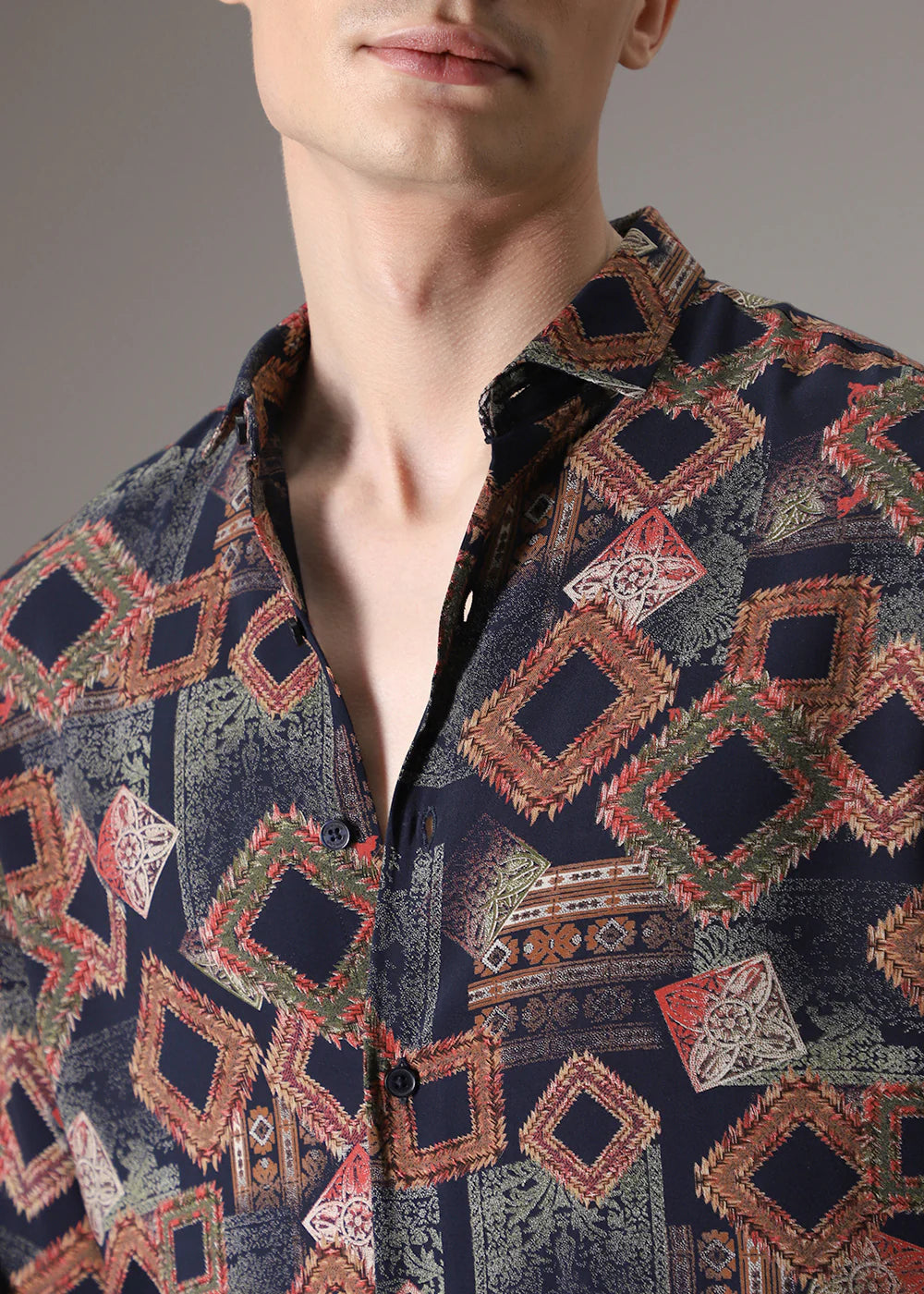 Long Sleeve Argyle Diamond Shirt with Vibrant Red Feather Pattern
