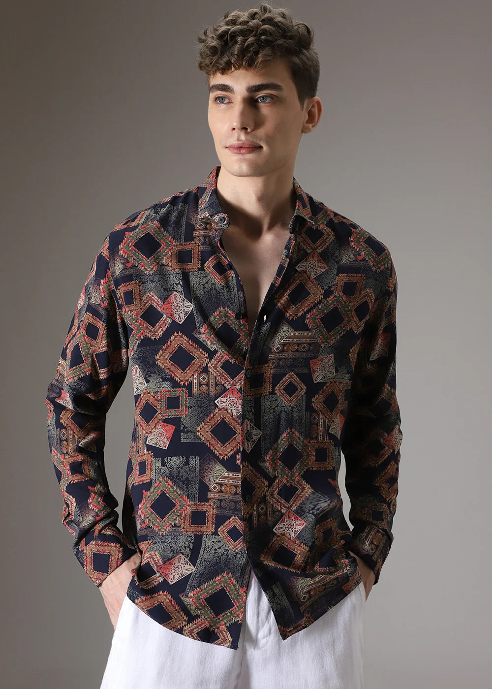 Long Sleeve Argyle Diamond Shirt with Vibrant Red Feather Pattern