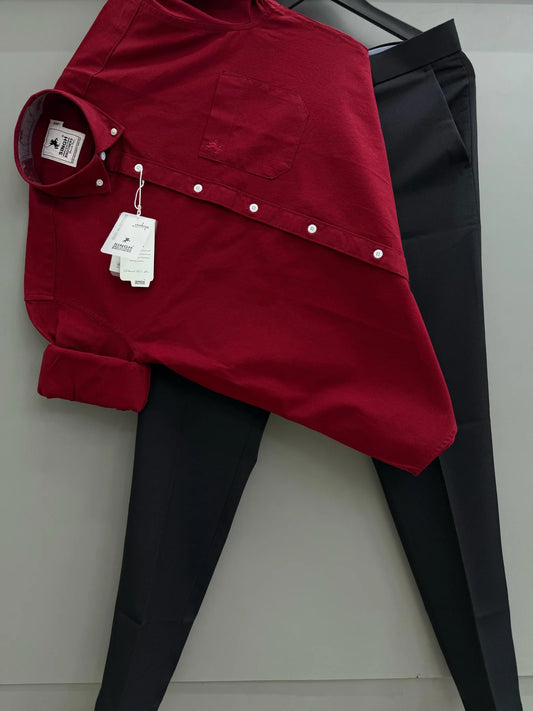 Men's Red Cotton Oxford Shirt with Classic Black Formal Pants for Professional Wear