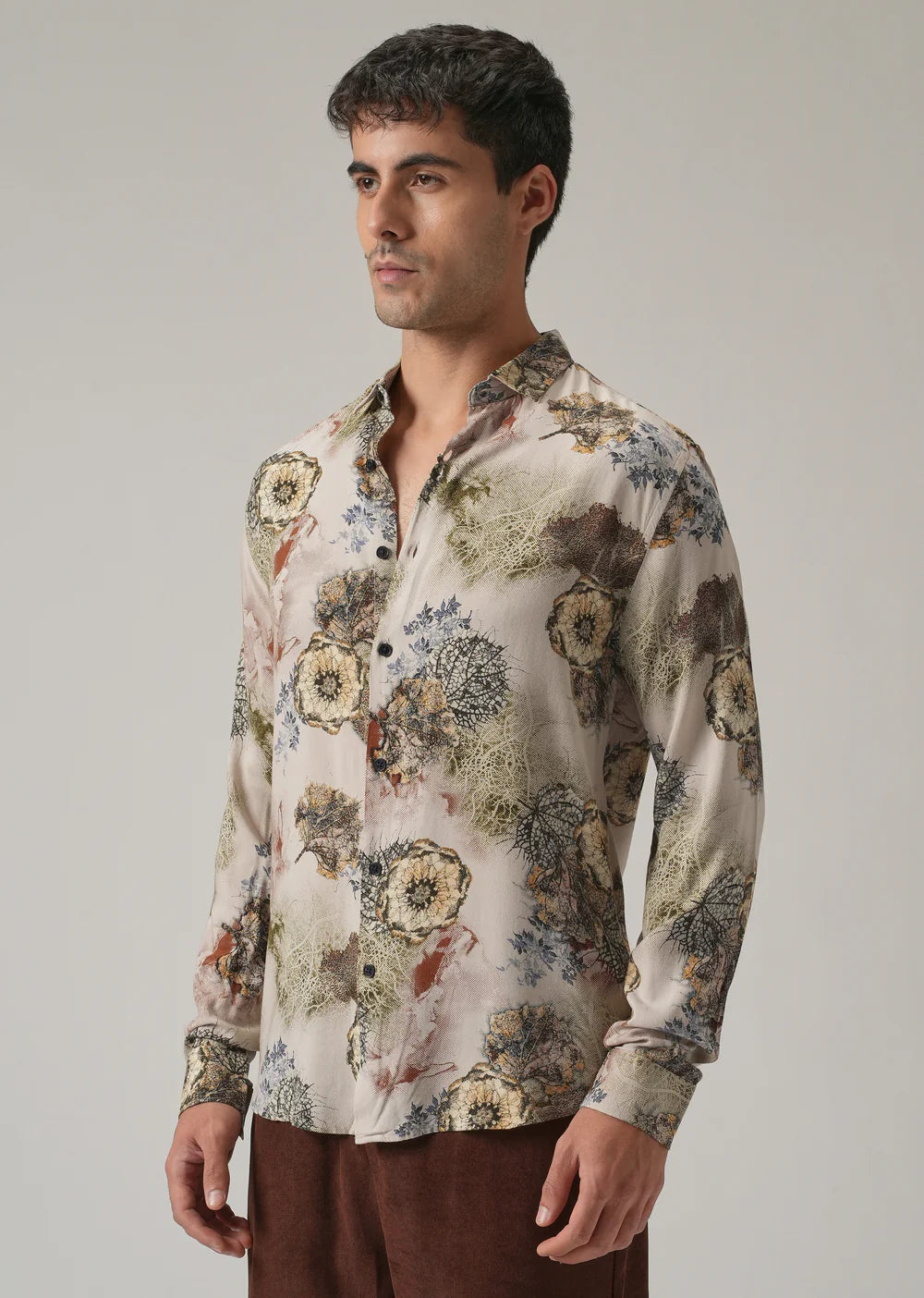 Men’s Beige Shirt with All-Over Flora and Feather Print Design
