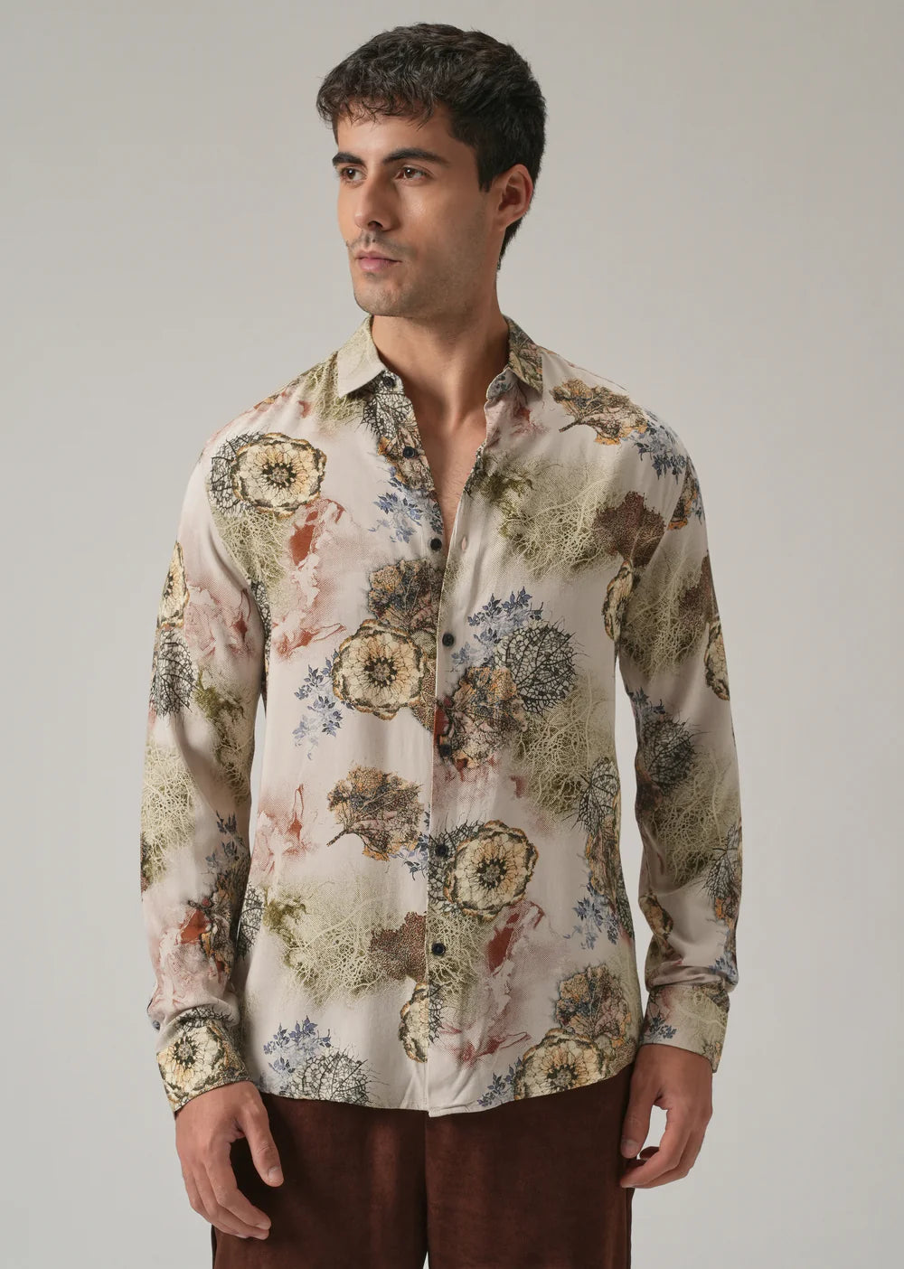 Men’s Beige Shirt with All-Over Flora and Feather Print Design