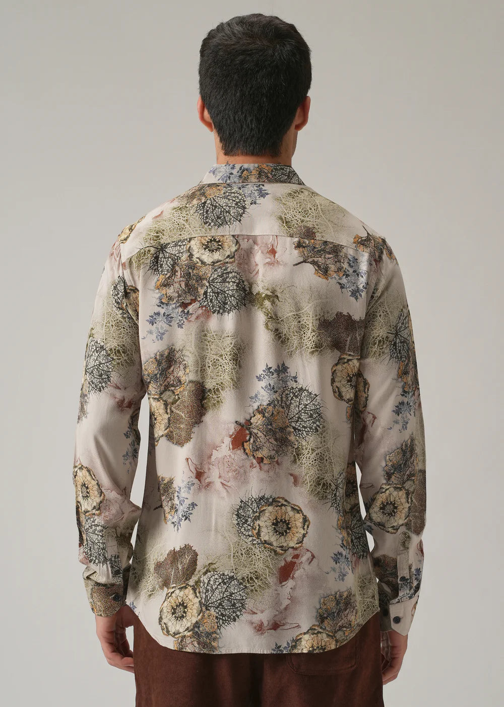 Men’s Beige Shirt with All-Over Flora and Feather Print Design