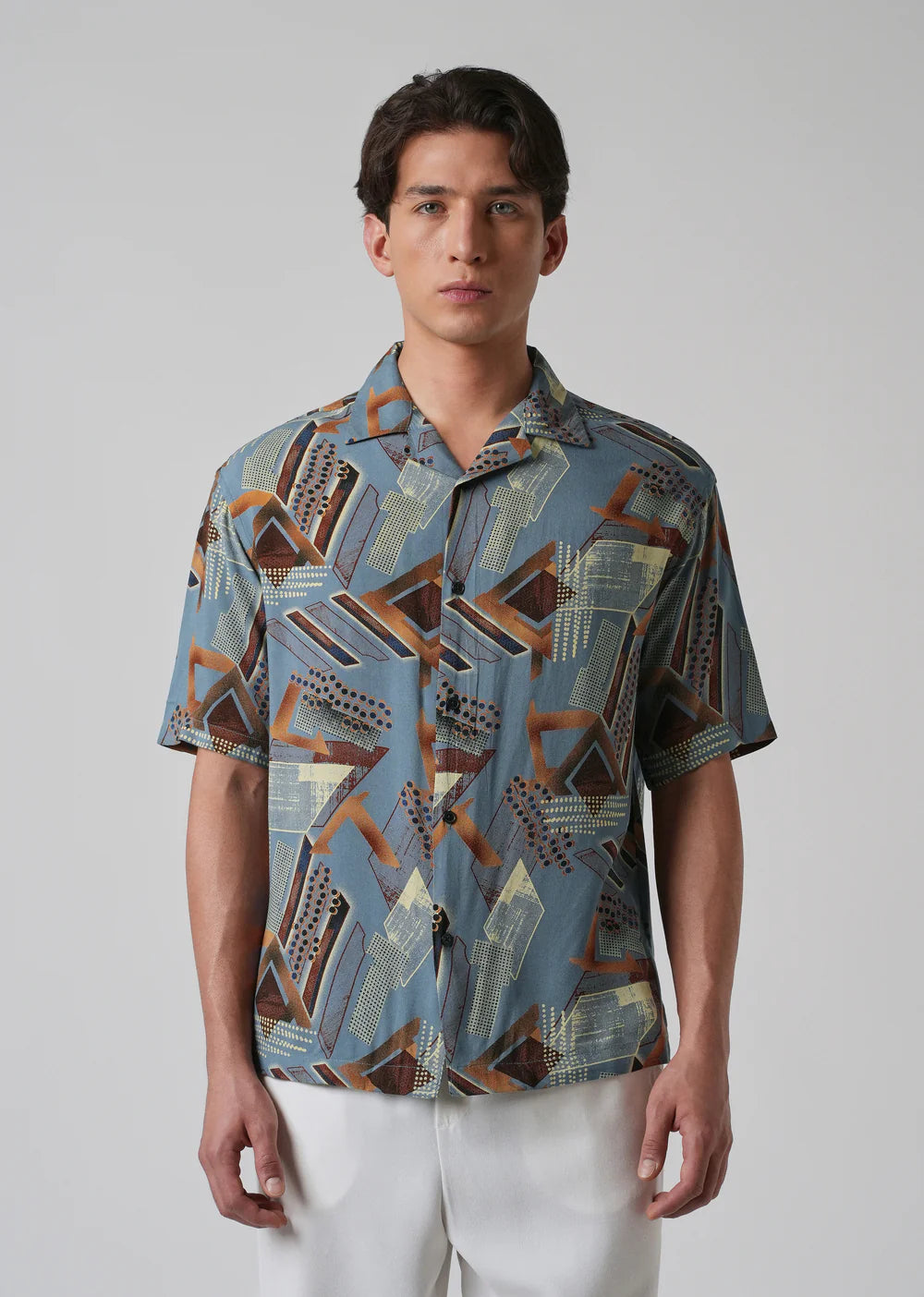 Lightweight Oversized Shirt in Blue with Painterly Abstract Feather Motifs