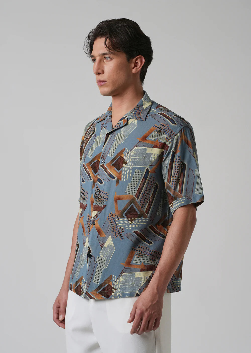 Lightweight Oversized Shirt in Blue with Painterly Abstract Feather Motifs