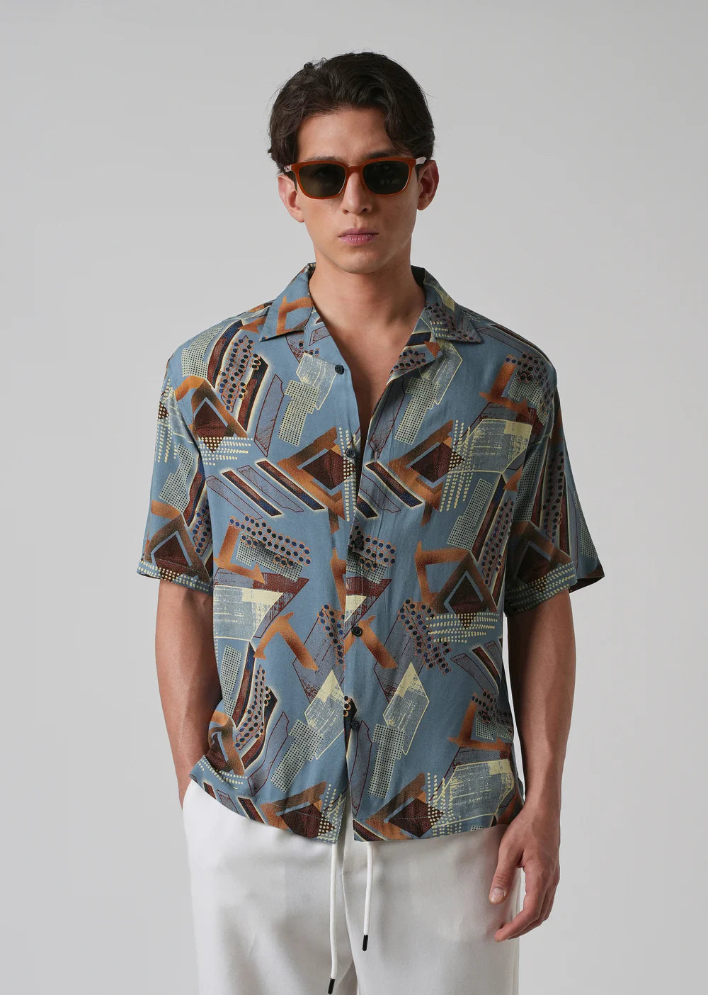 Lightweight Oversized Shirt in Blue with Painterly Abstract Feather Motifs