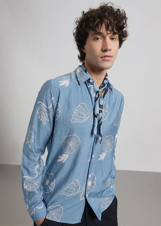Men’s Blue Shirt Featuring All-Over Floral Print Design