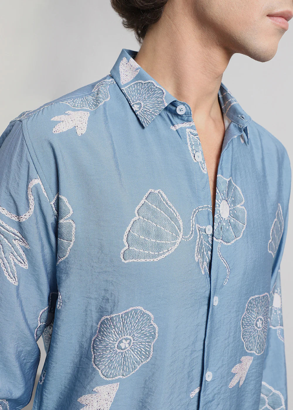 Men’s Blue Shirt Featuring All-Over Floral Print Design
