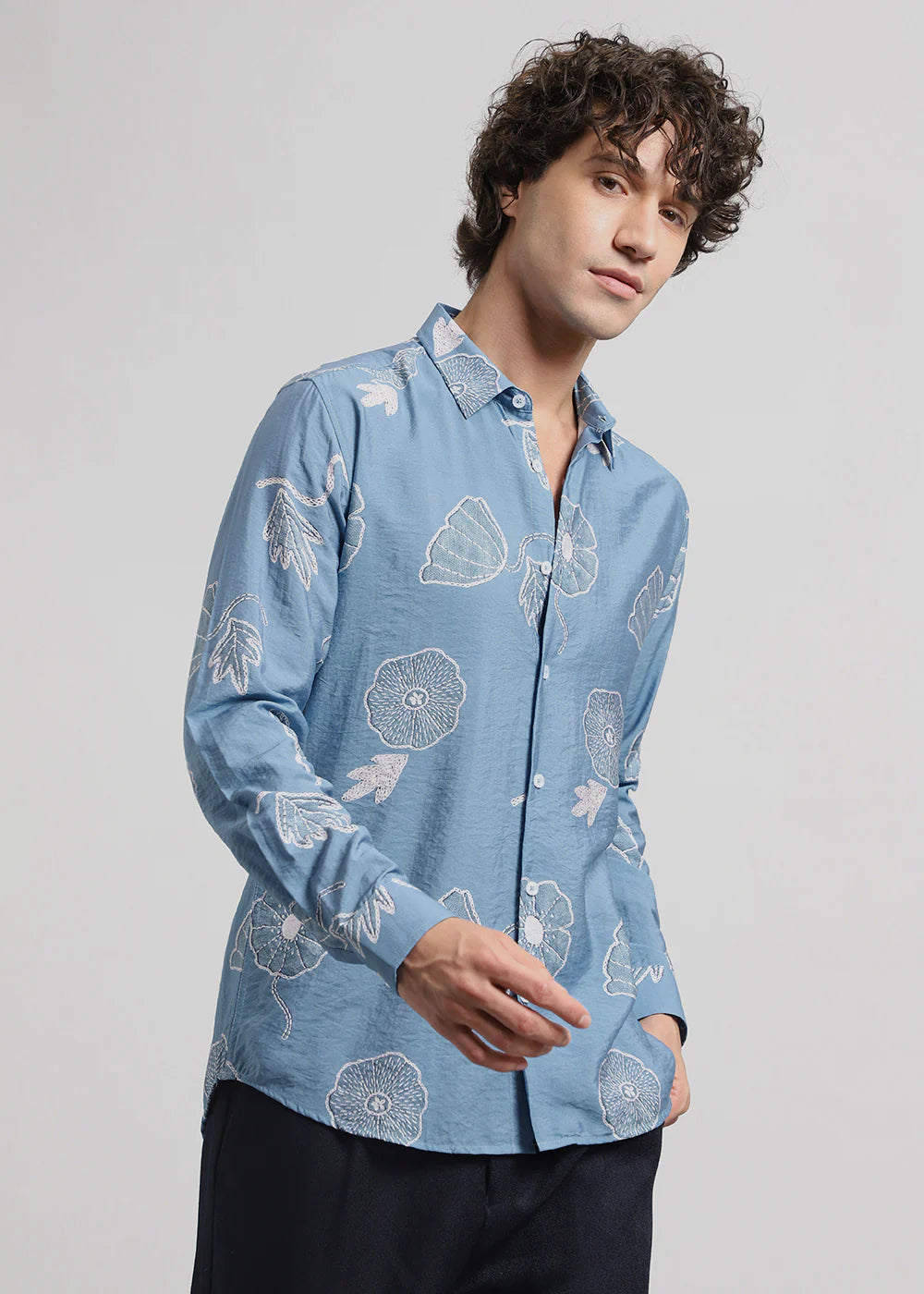 Men’s Blue Shirt Featuring All-Over Floral Print Design