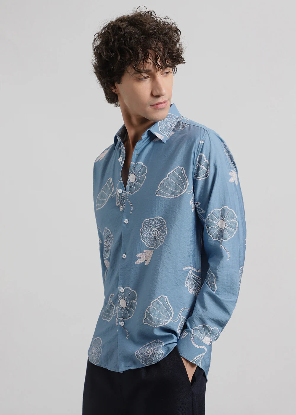 Men’s Blue Shirt Featuring All-Over Floral Print Design
