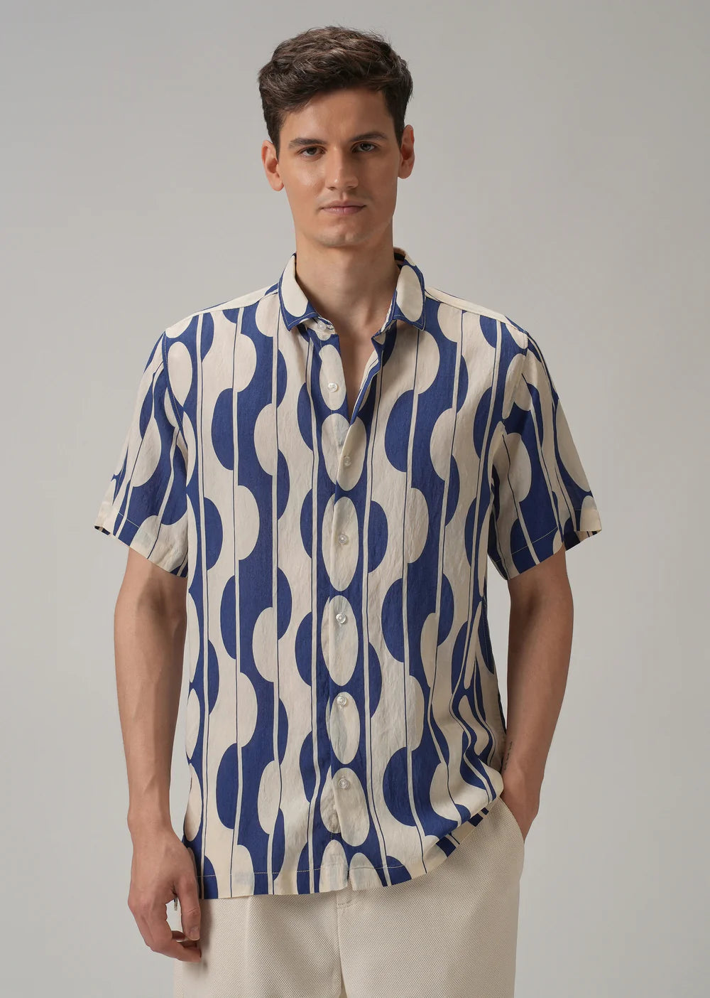Men’s Blue Shirt Featuring All-Over Geometric Print Design