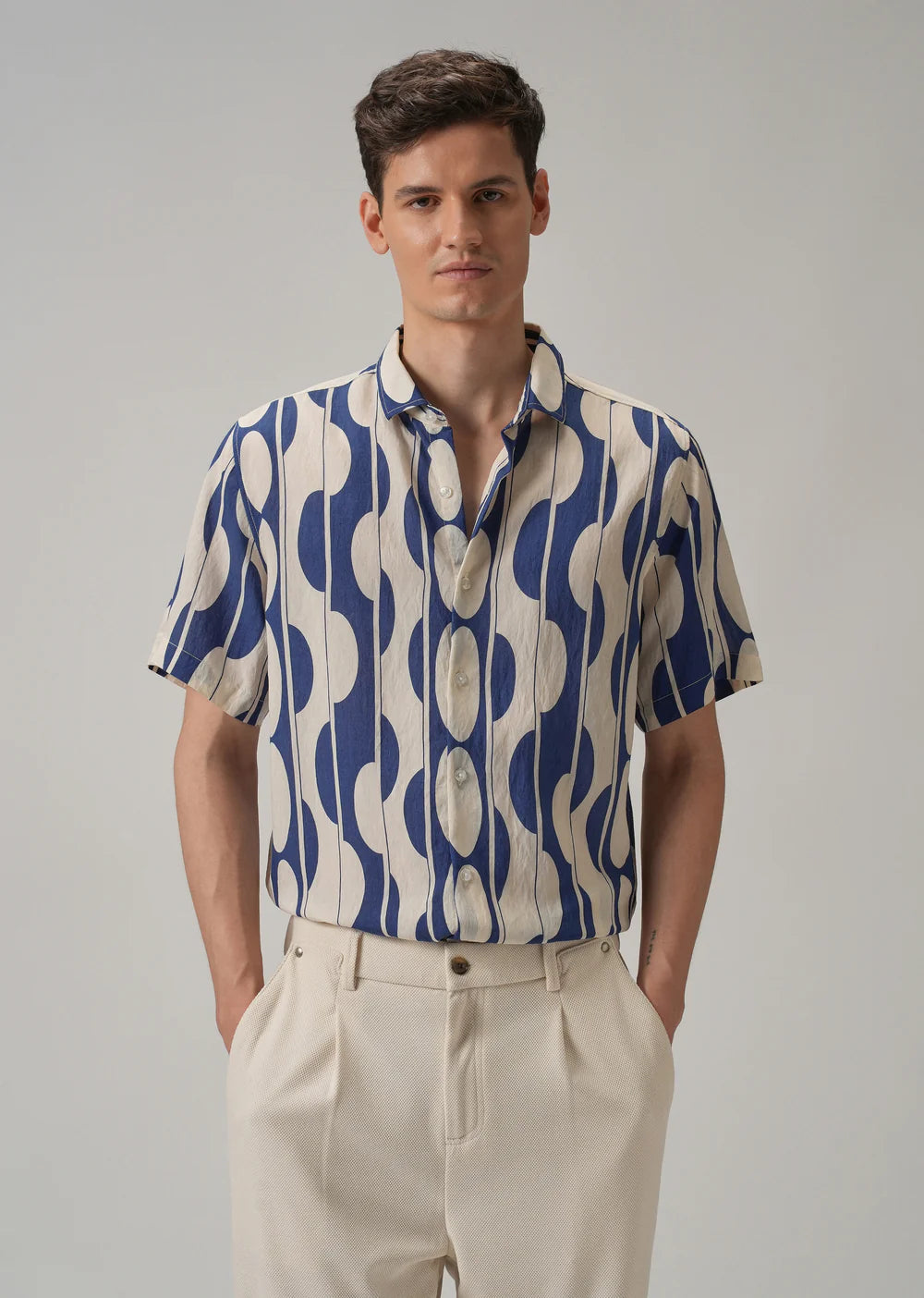 Men’s Blue Shirt Featuring All-Over Geometric Print Design
