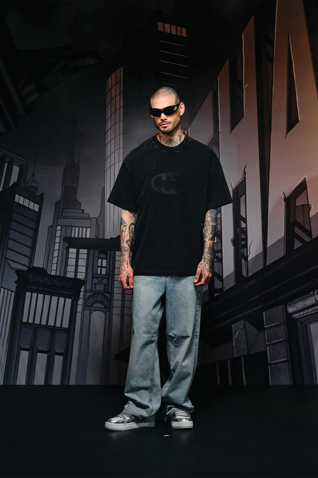 Oversized Bat Emblem Faded Graphic T-shirt