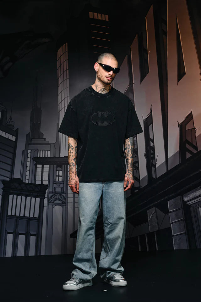 Oversized Bat Emblem Faded Graphic T-shirt