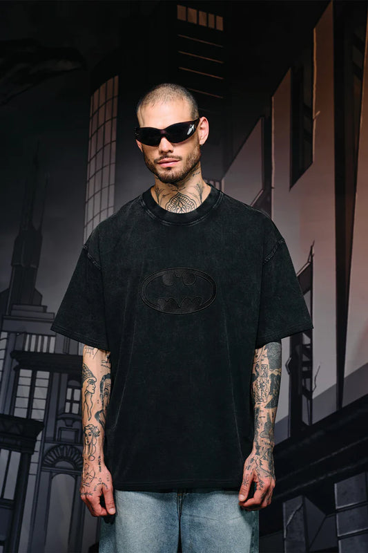 Oversized Bat Emblem Faded Graphic T-shirt
