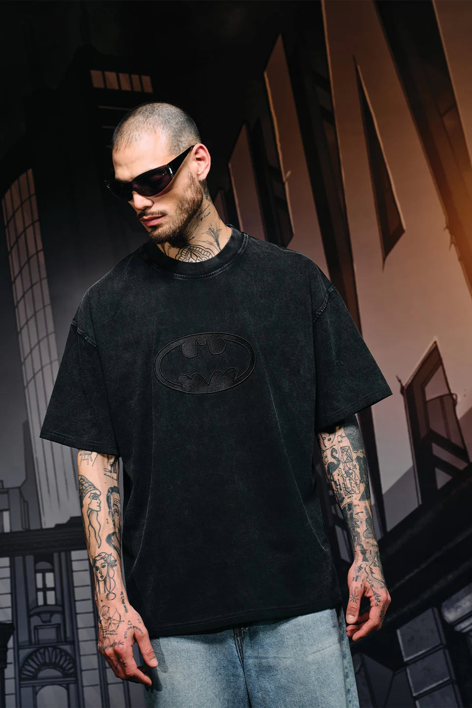 Oversized Bat Emblem Faded Graphic T-shirt