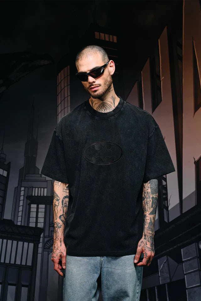 Oversized Bat Emblem Faded Graphic T-shirt