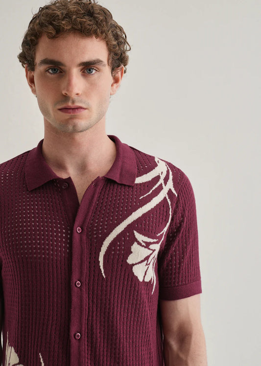 Casual Open Knit Shirt Featuring Burgundy Base and Floral Pattern