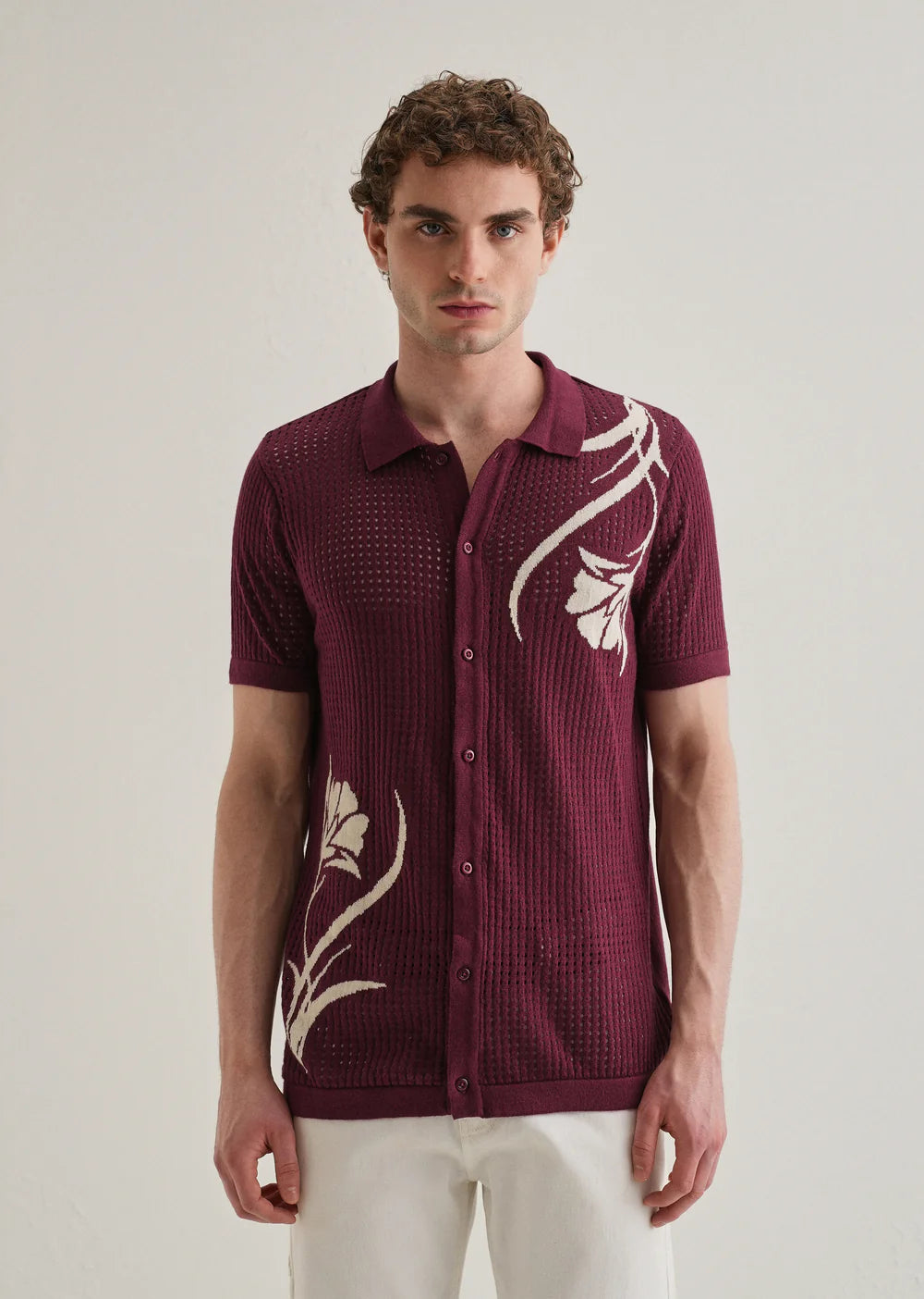 Casual Open Knit Shirt Featuring Burgundy Base and Floral Pattern