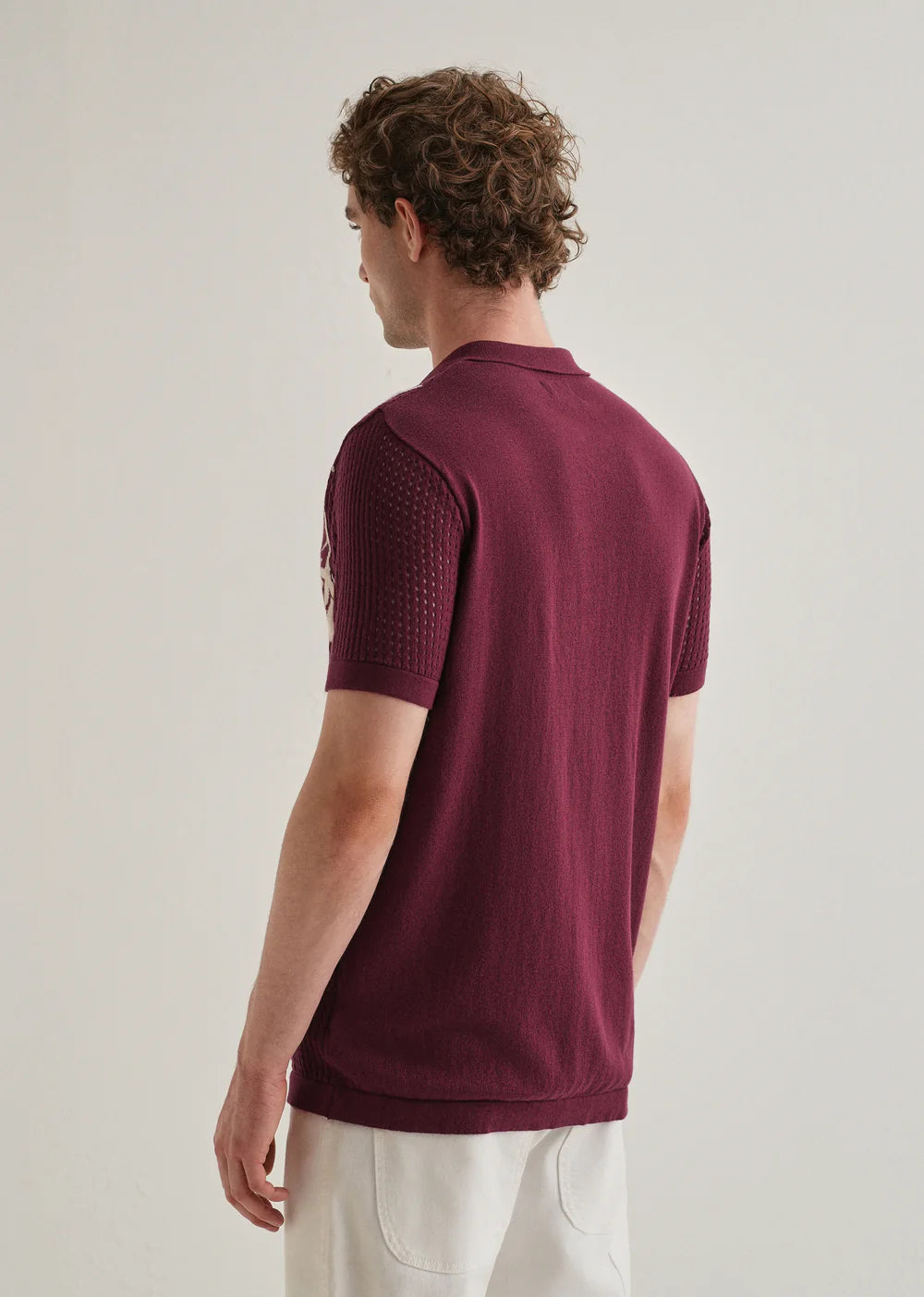 Casual Open Knit Shirt Featuring Burgundy Base and Floral Pattern