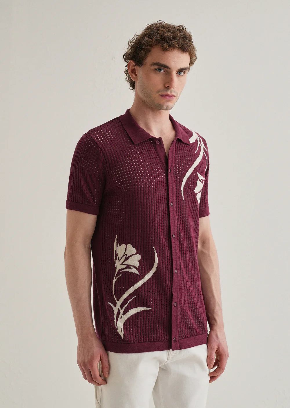Casual Open Knit Shirt Featuring Burgundy Base and Floral Pattern