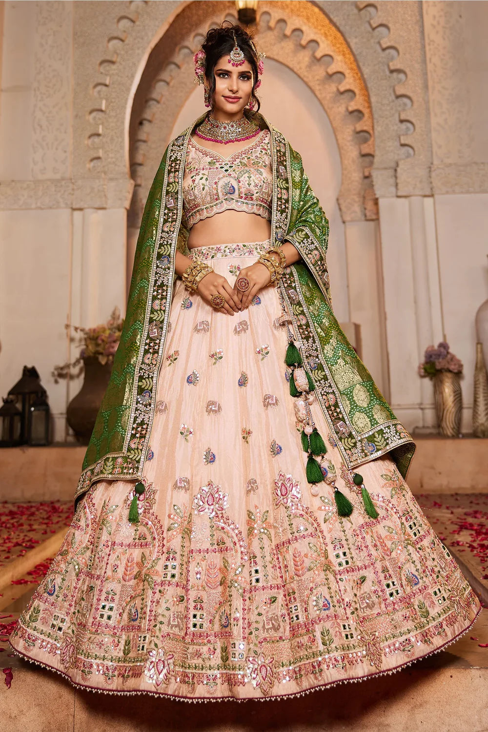 Glamorous Peach Tissue Lehenga with Intricate Sequins & Mirror Embroidery