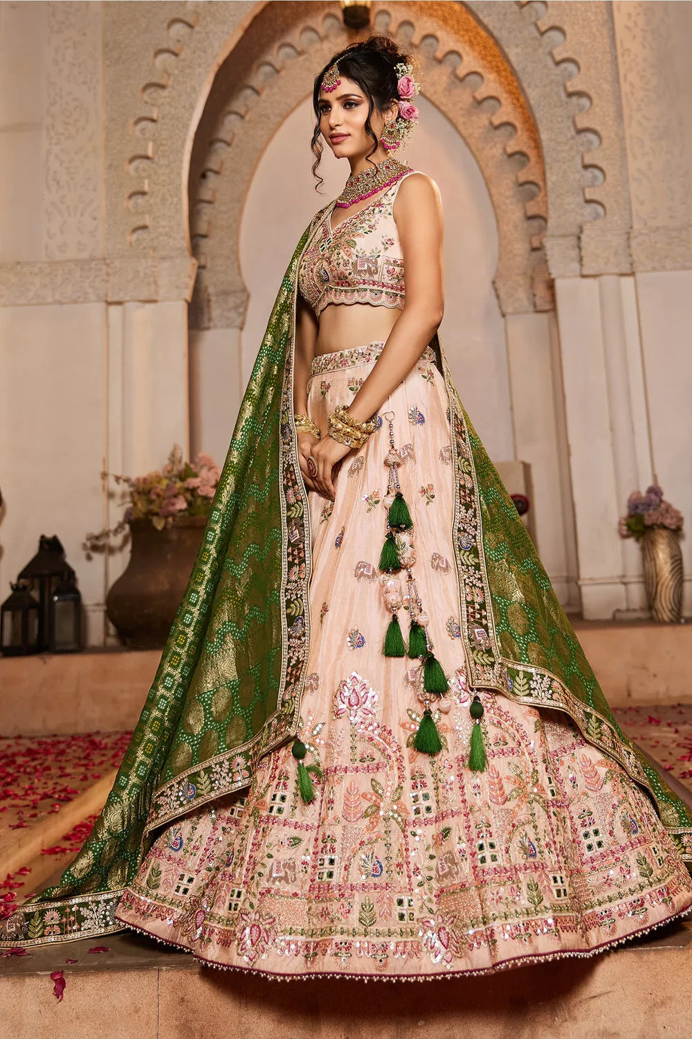 Glamorous Peach Tissue Lehenga with Intricate Sequins & Mirror Embroidery