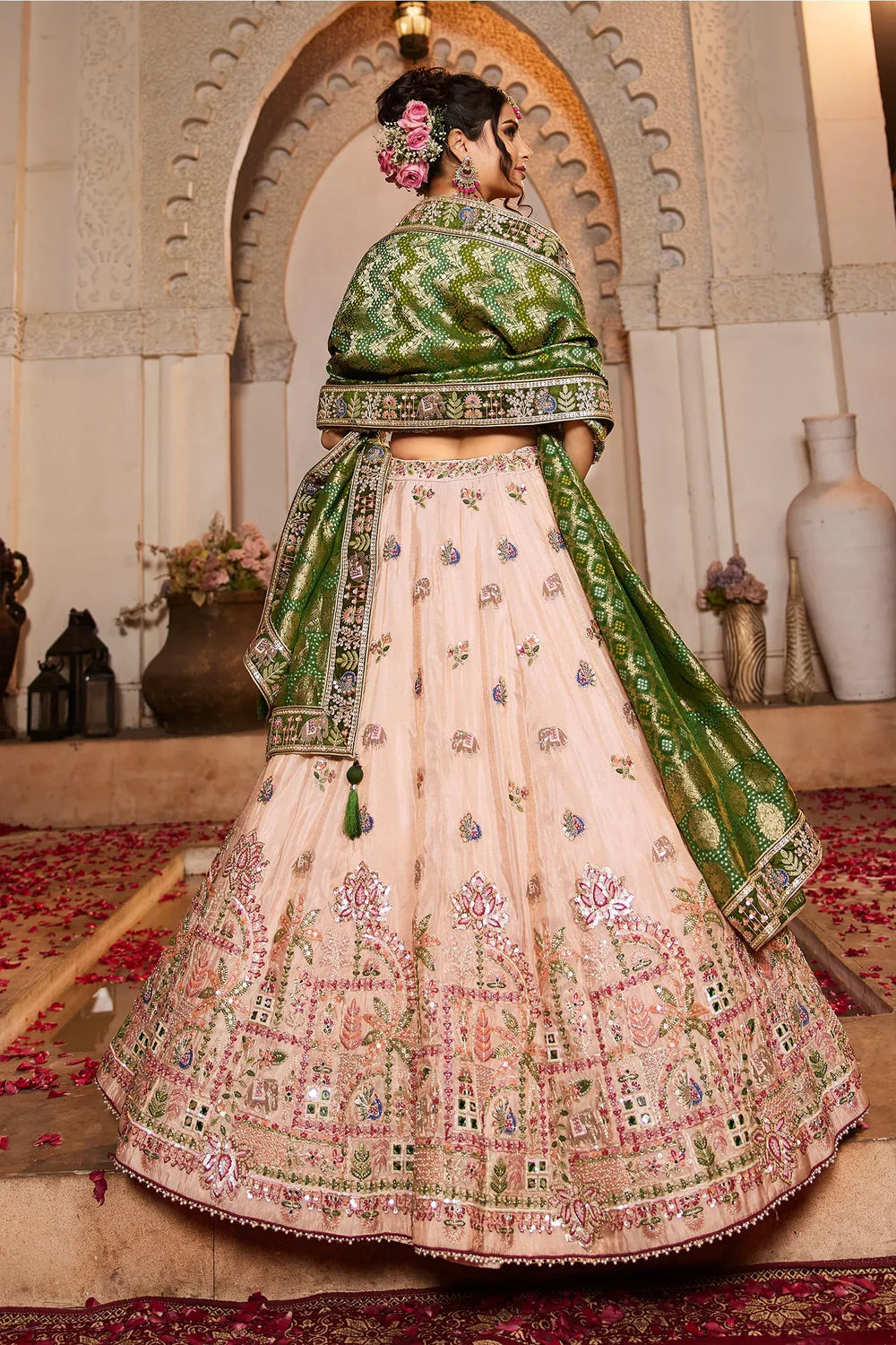 Glamorous Peach Tissue Lehenga with Intricate Sequins & Mirror Embroidery