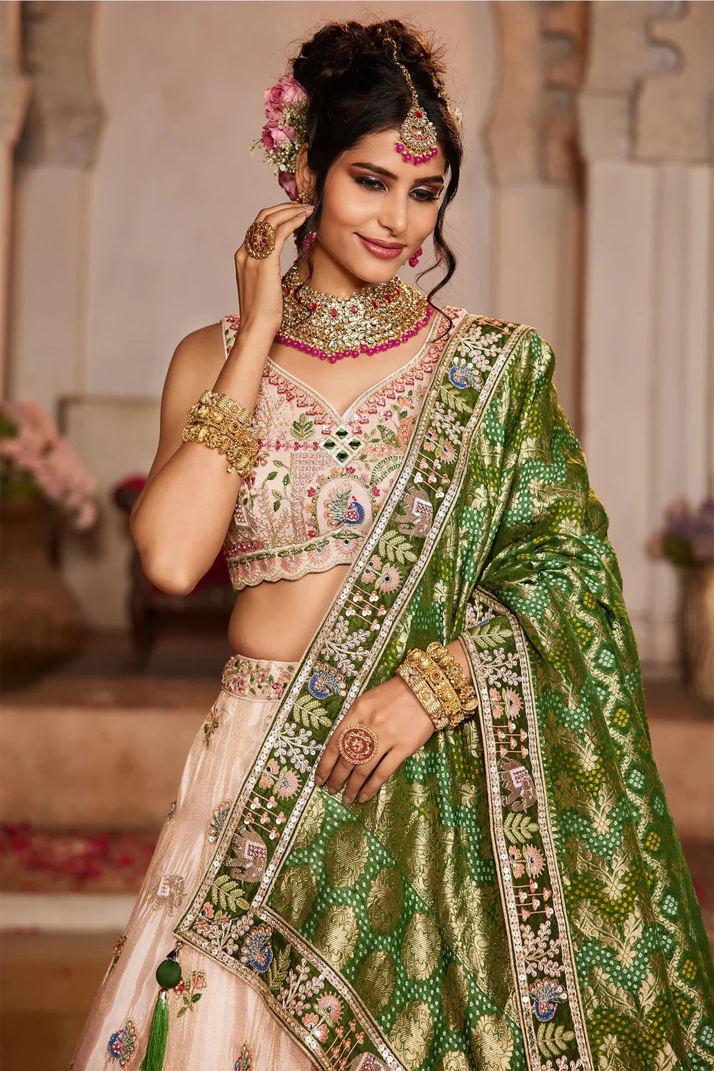 Glamorous Peach Tissue Lehenga with Intricate Sequins & Mirror Embroidery