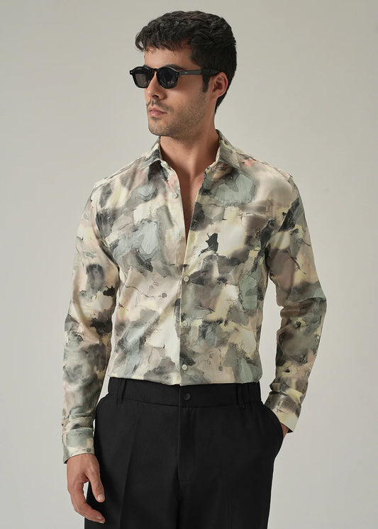 Casual Long Sleeve Cream Shirt with Bold Camouflage Pattern