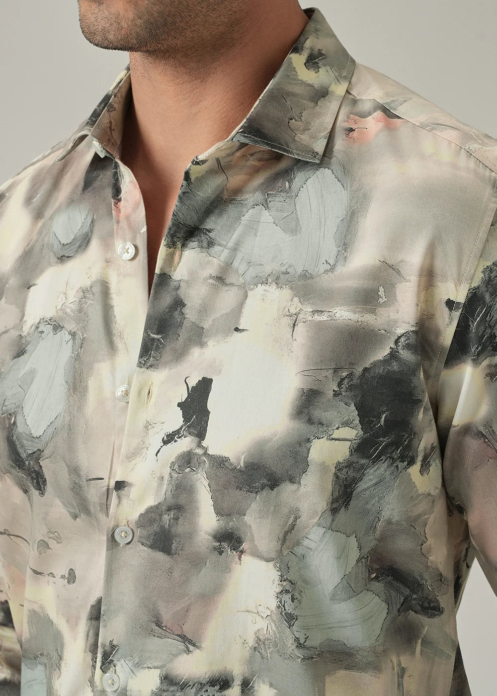 Casual Long Sleeve Cream Shirt with Bold Camouflage Pattern