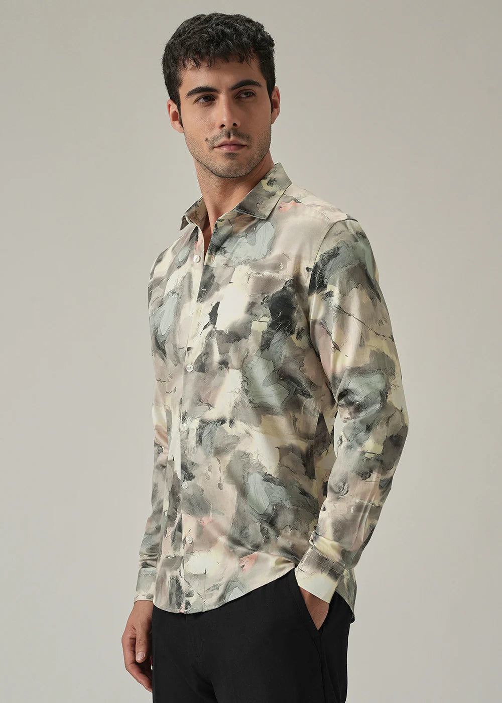 Casual Long Sleeve Cream Shirt with Bold Camouflage Pattern