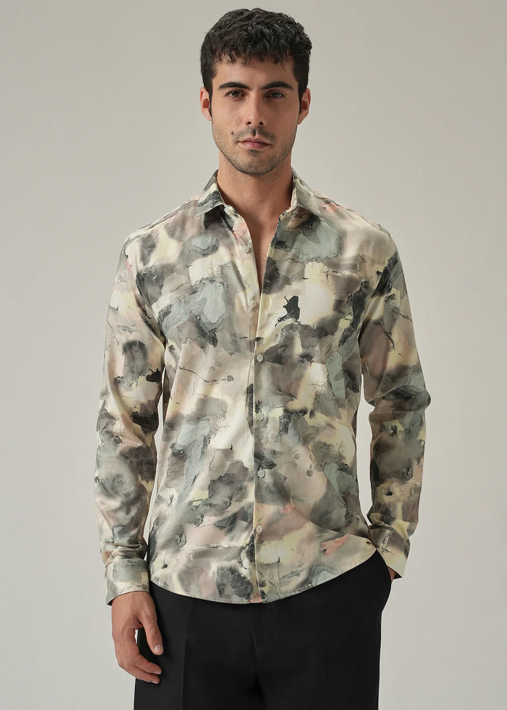 Casual Long Sleeve Cream Shirt with Bold Camouflage Pattern