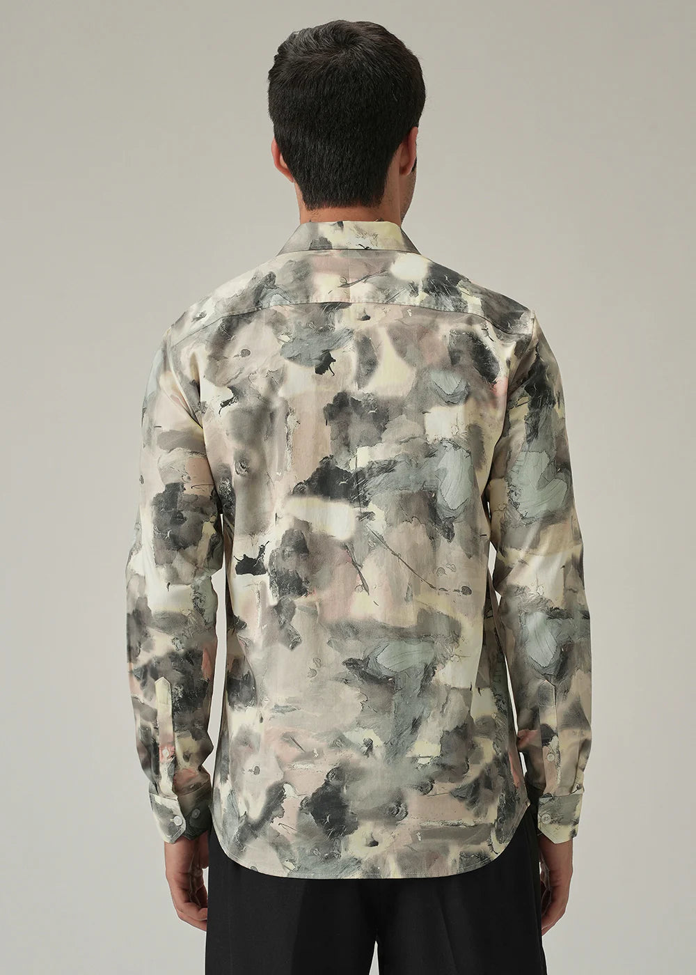Casual Long Sleeve Cream Shirt with Bold Camouflage Pattern