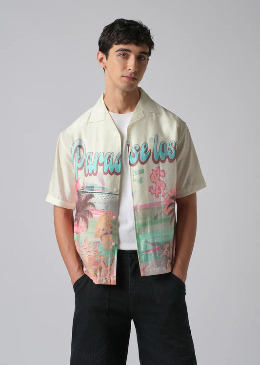 Casual Cream Shirt with Artistic Paradise Lost Pattern