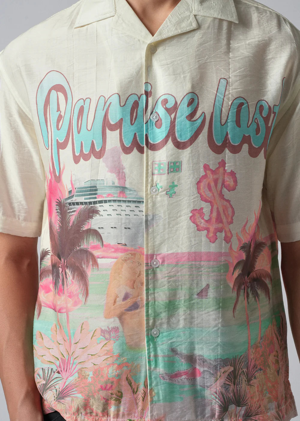 Casual Cream Shirt with Artistic Paradise Lost Pattern