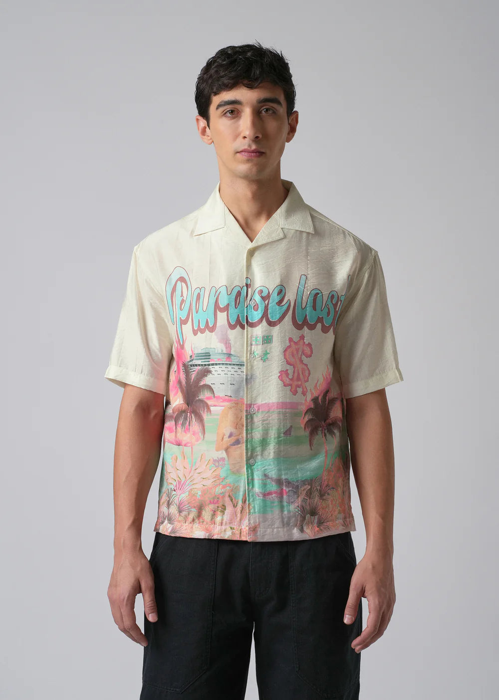 Casual Cream Shirt with Artistic Paradise Lost Pattern