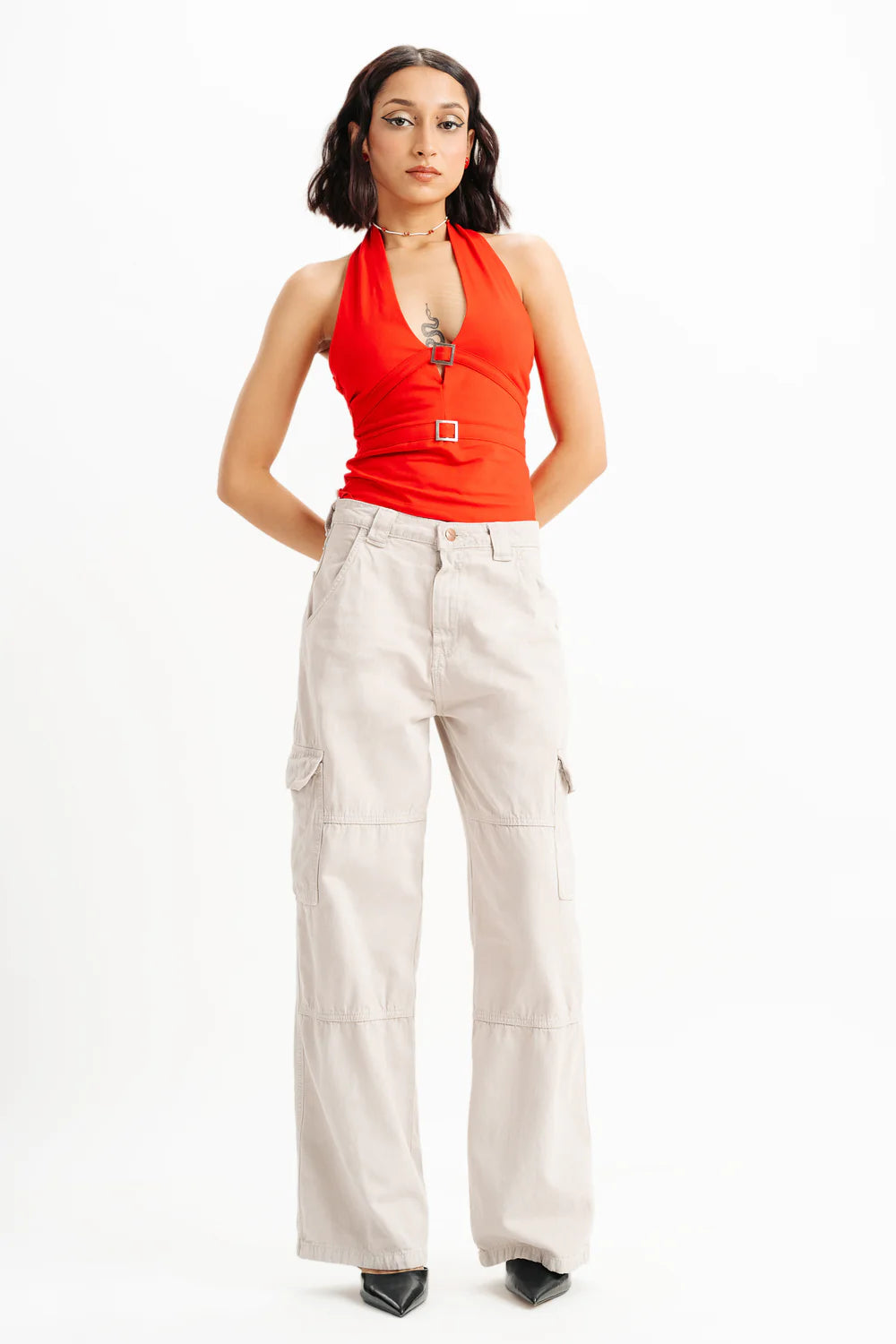 Everyday Casual Bisque Wide Cargo Denim Jeans for Women