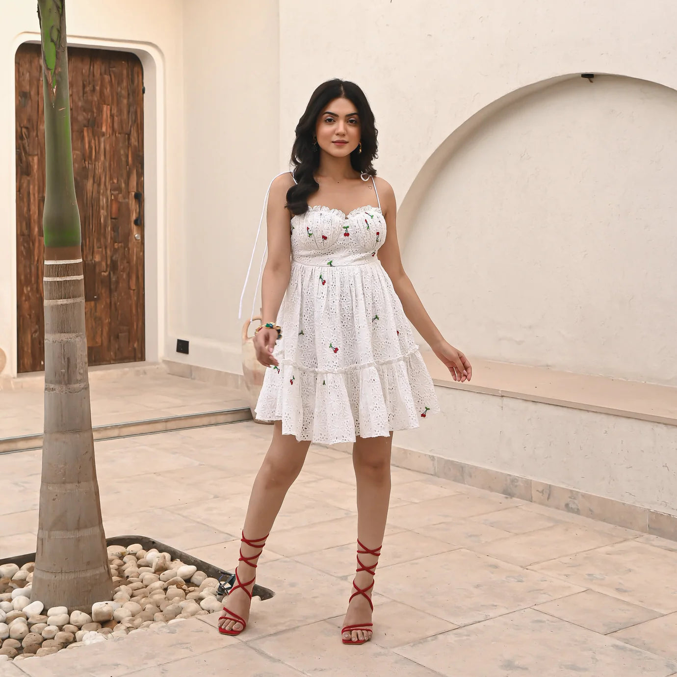 Party-Ready Cherry Delight Schiffli Dress for Women with Sleek Design
