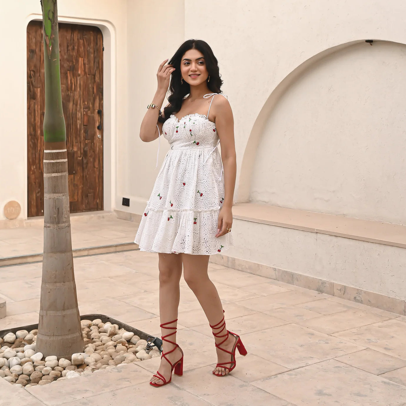 Party-Ready Cherry Delight Schiffli Dress for Women with Sleek Design