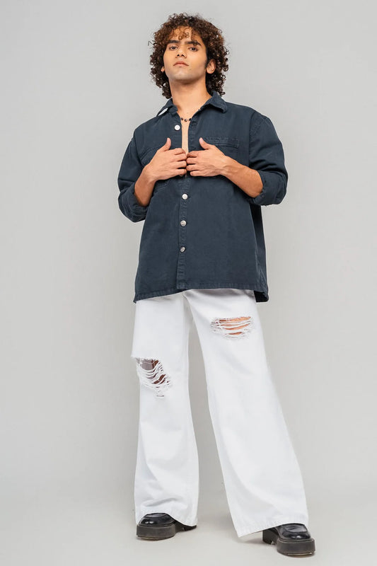 Soft Washed Men's White Wide-Fit Distressed Denim Jeans