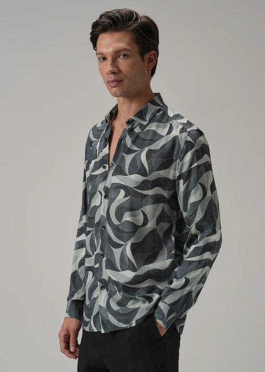 Casual Long Sleeve Grey Shirt Featuring All-Over Swirl Pattern