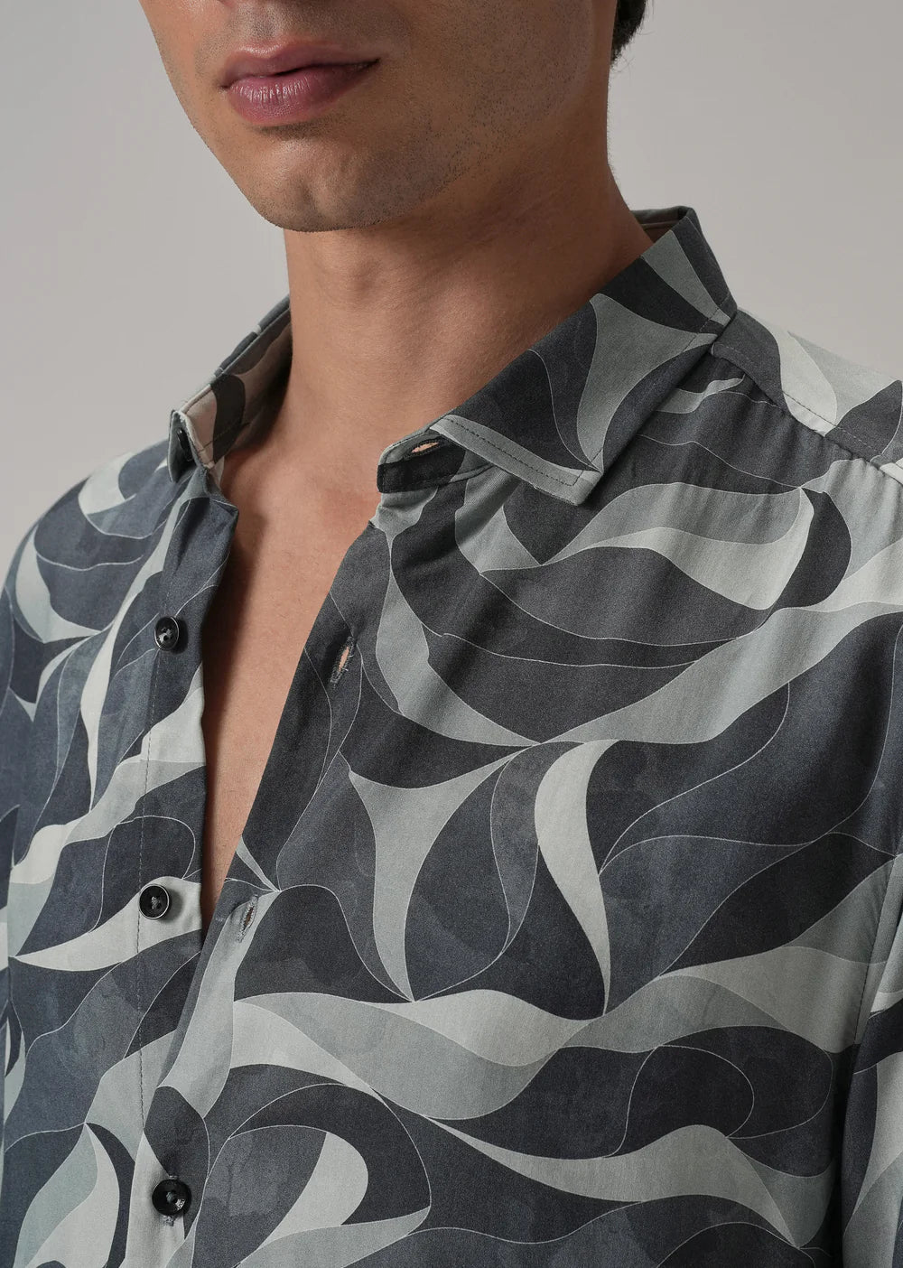 Casual Long Sleeve Grey Shirt Featuring All-Over Swirl Pattern